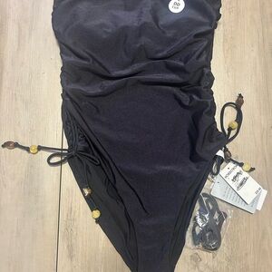 Seafolly Black Drawstring Bandeau One-Piece with Beaded Accents